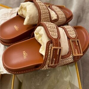 FENDI raffia and leather FF buckle slides sandals
